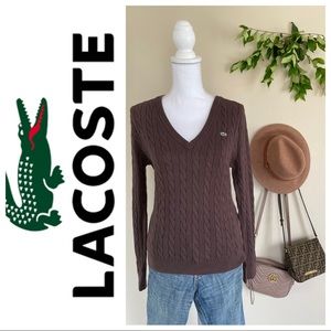 Lacoste V Neck Cable Knit Pullover Sweater